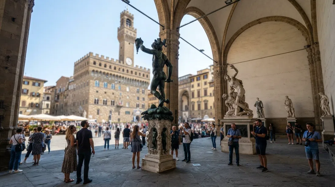 Loggia dei Lanzi på Piazza della Signoria med Cellinis Perseus og Giambolognas Rovet af Sabinerinderne i skarpt middagslys