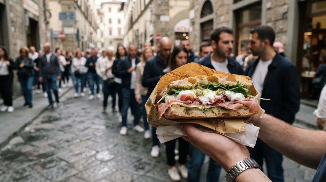 en schiacciata-sandwich fra All'Antico Vinaio på Via de' Neri, fyldt og pakket som takeaway med den slørede kø bagved