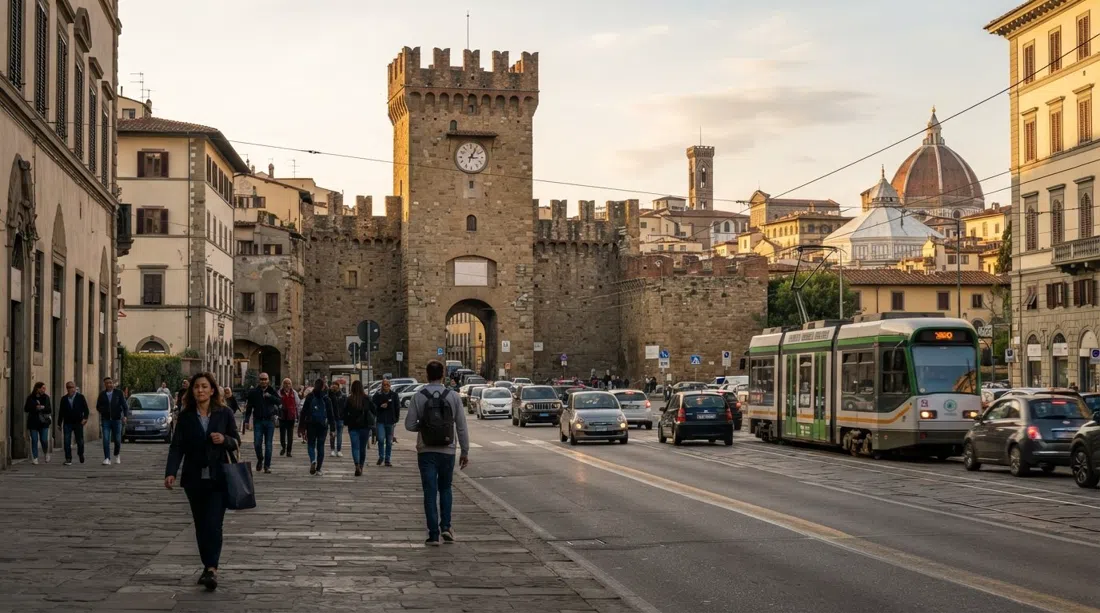 Porta al Prato-porten og de brede vestlige boulevarder i Firenze sidst på eftermiddagen, sporvognslinjer og trafik indrammer den gamle bytærskel