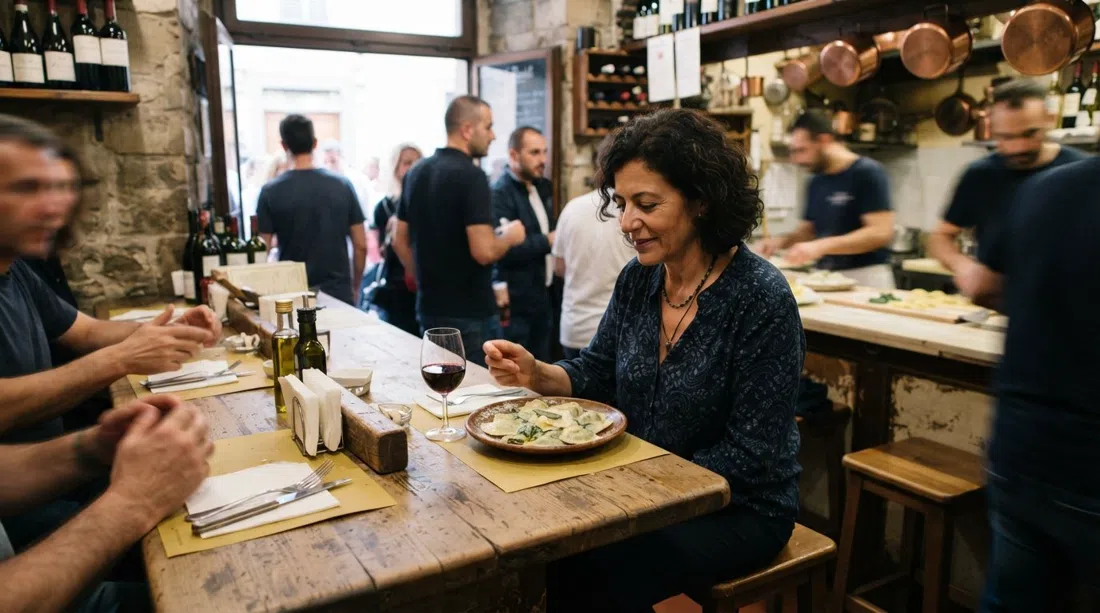 den lille disk hos Vino e Ravioli på Via del Ponte alle Mosse, anrettede dampede ravioli og et glas husets vin på en overfyldt, travl frokostdisk