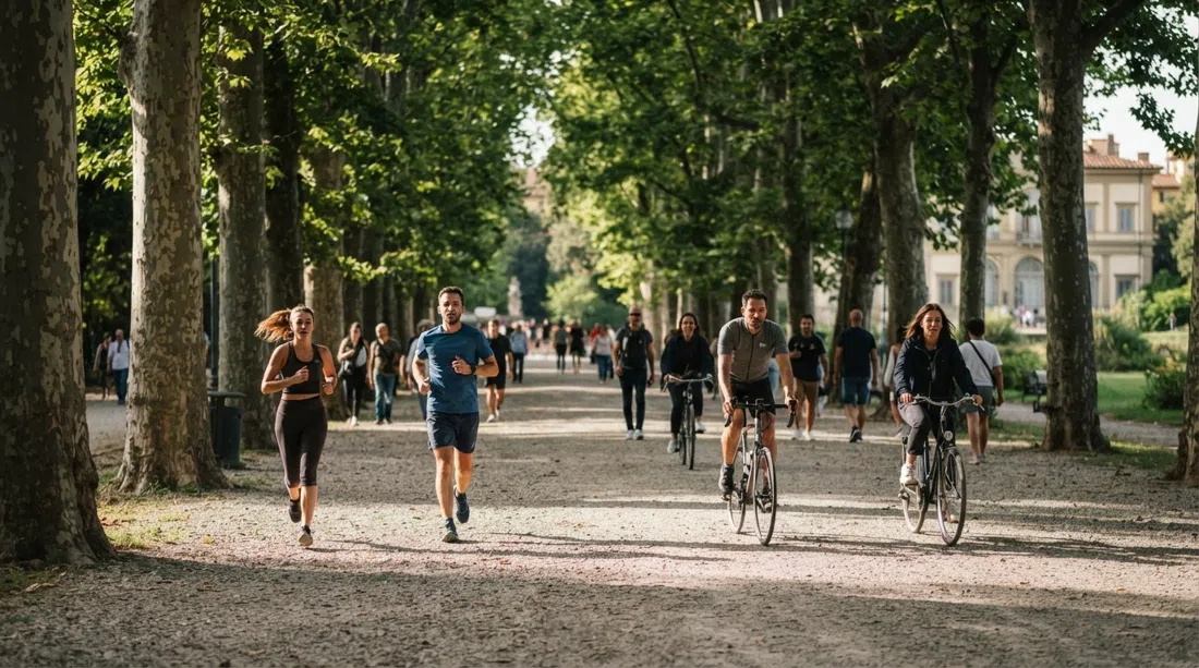 løbere og cyklister på den flade hovedallé i Parco delle Cascine, dyb skygge fra platantræer en varm eftermiddag