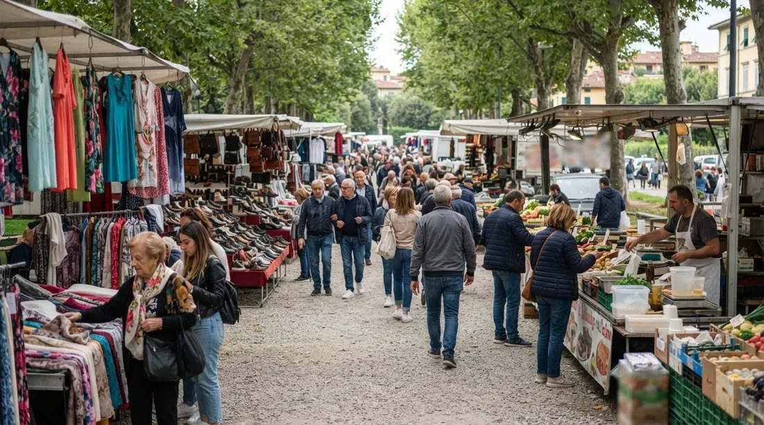 Mercato delle Cascine tirsdag morgen, rækker af markedsboder langs parkalléen med tøj, sko og madboder under åben himmel