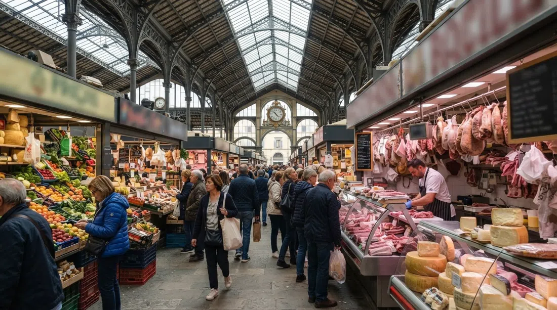 the Mercato Centrale interior in Florence, iron-and-glass roof above the busy produce counters, with daylight falling over butchers, cheese stalls and shoppers
