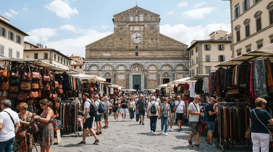 the bare-stone facade of Basilica di San Lorenzo in Florence, seen front-on with the market bustle and leather stalls in the foreground at midday