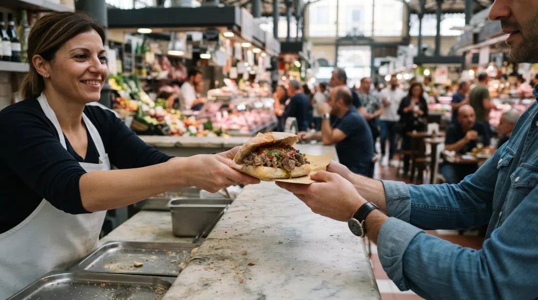 a Nerbone lampredotto panino being handed over at the Mercato Centrale counter, the marble ledge and crowded food hall visible behind it
