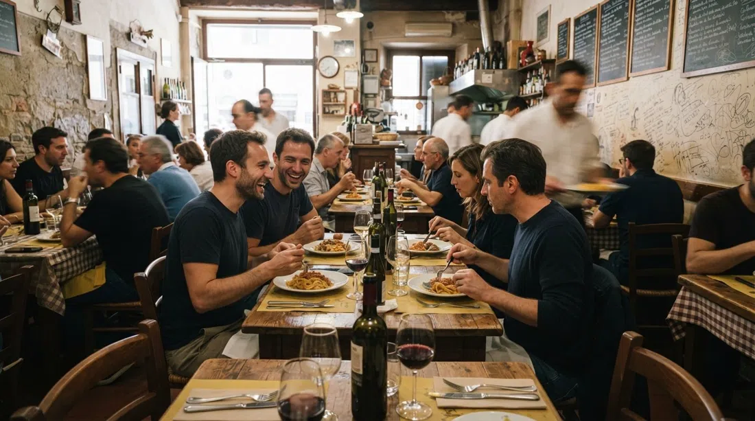 the dining room at Trattoria Mario in Florence, shared tables, handwritten menu boards and a lunch crowd under warm light