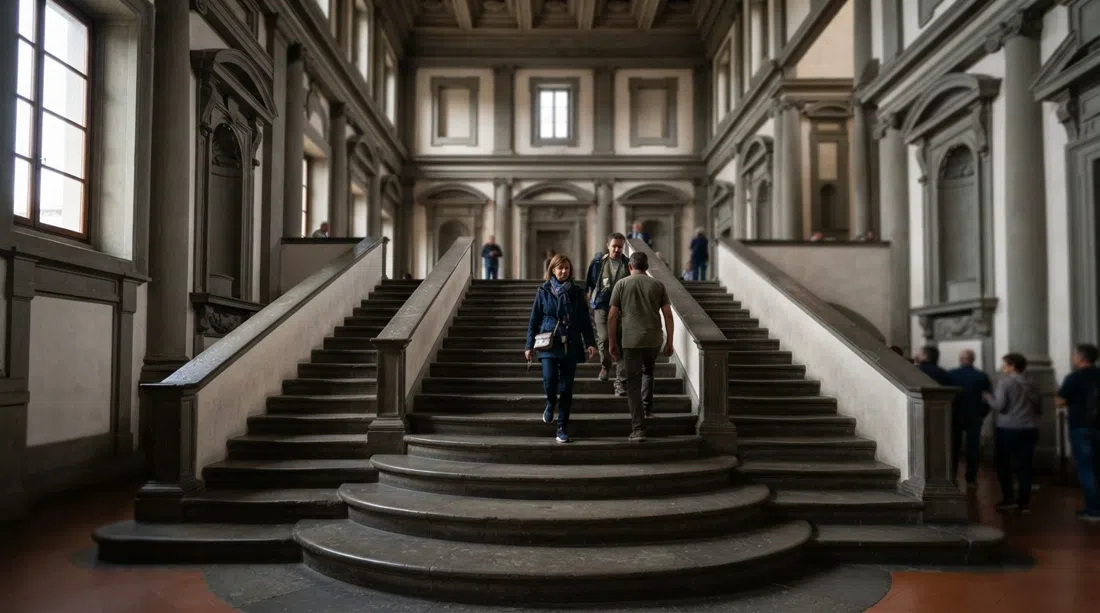 the Laurentian Library staircase by Michelangelo inside the San Lorenzo complex, pietra serena steps flowing into the vestibule in soft side light