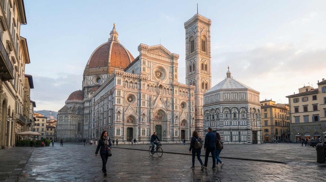 Brunelleschi’s Dome rising above Piazza del Duomo at early morning, the marble façade glowing softly while the square is still relatively calm