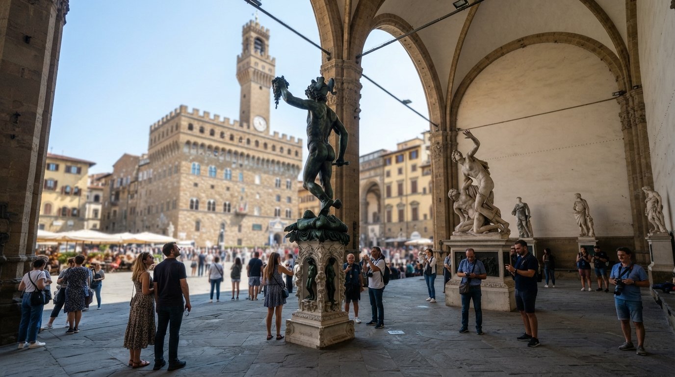 the Loggia dei Lanzi in Piazza della Signoria with Cellini’s Perseus and Giambologna’s Rape of the Sabine Women under bright midday light