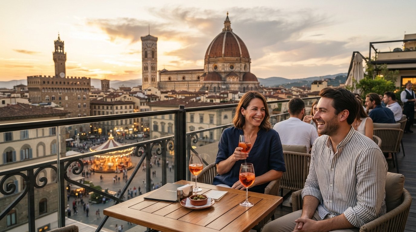 the Rinascente rooftop on Piazza della Repubblica at sunset, with the Duomo framed beyond glasses and low tables