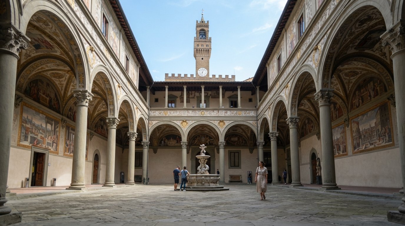 the interior courtyard of Palazzo Vecchio with stone arches and a quiet daytime opening, seen from the entrance before the crowds thicken