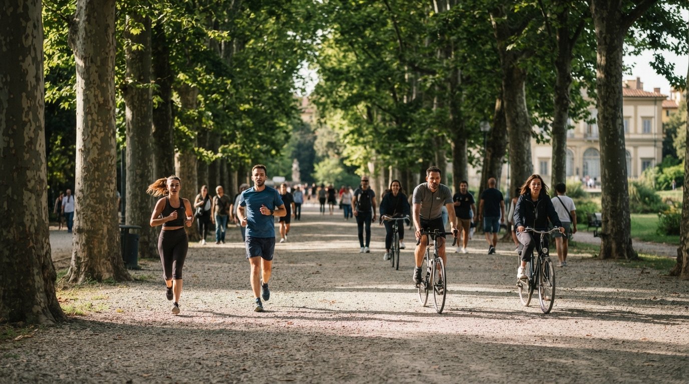 runners and cyclists on the flat main avenue of the Parco delle Cascine, deep shade from plane trees on a hot afternoon