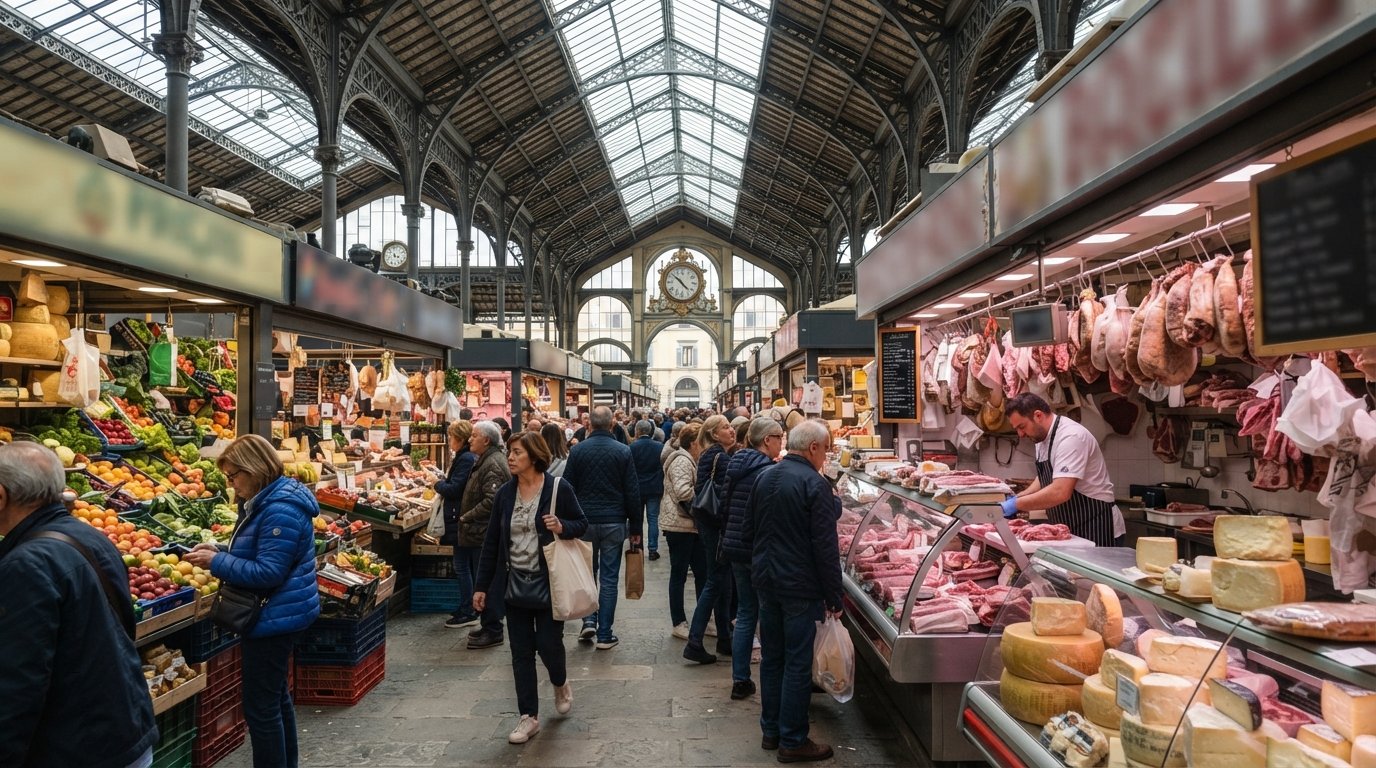 the Mercato Centrale interior in Florence, iron-and-glass roof above the busy produce counters, with daylight falling over butchers, cheese stalls and shoppers
