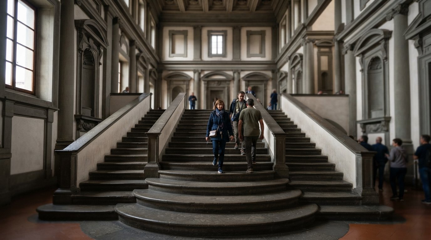 the Laurentian Library staircase by Michelangelo inside the San Lorenzo complex, pietra serena steps flowing into the vestibule in soft side light