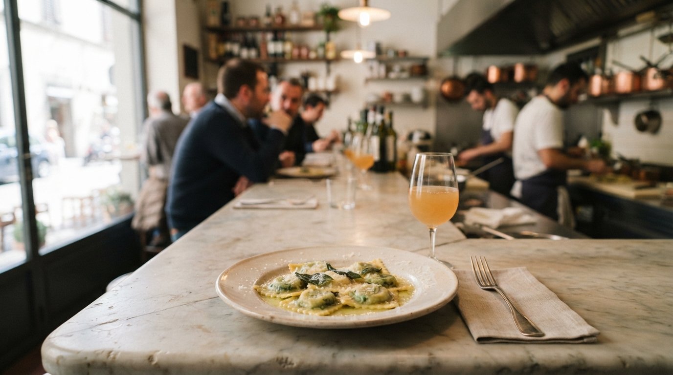 house-made ravioli in sage butter at Zeb, plated simply beside a glass of natural wine on the marble counter