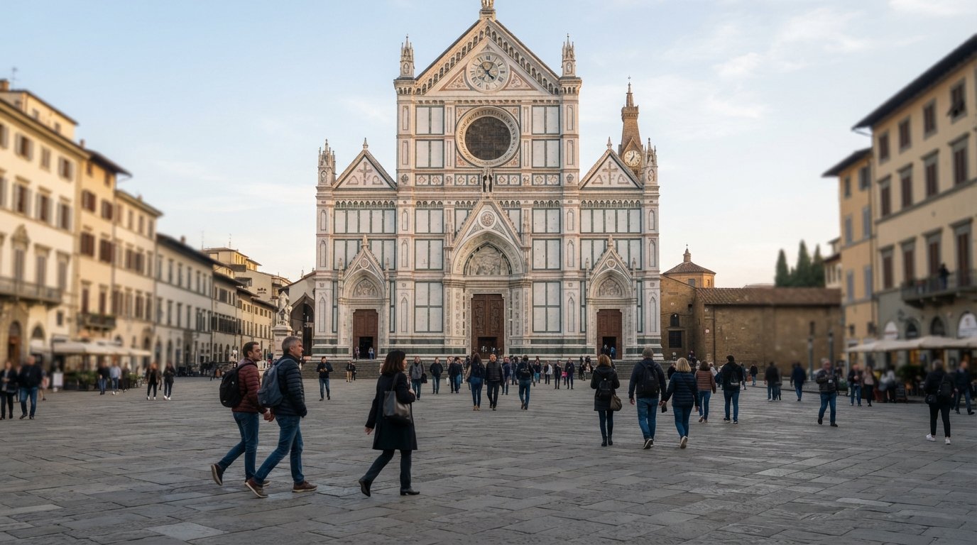 the façade and piazza of Basilica di Santa Croce in Florence at soft morning light, visitors crossing the wide square toward the Franciscan church