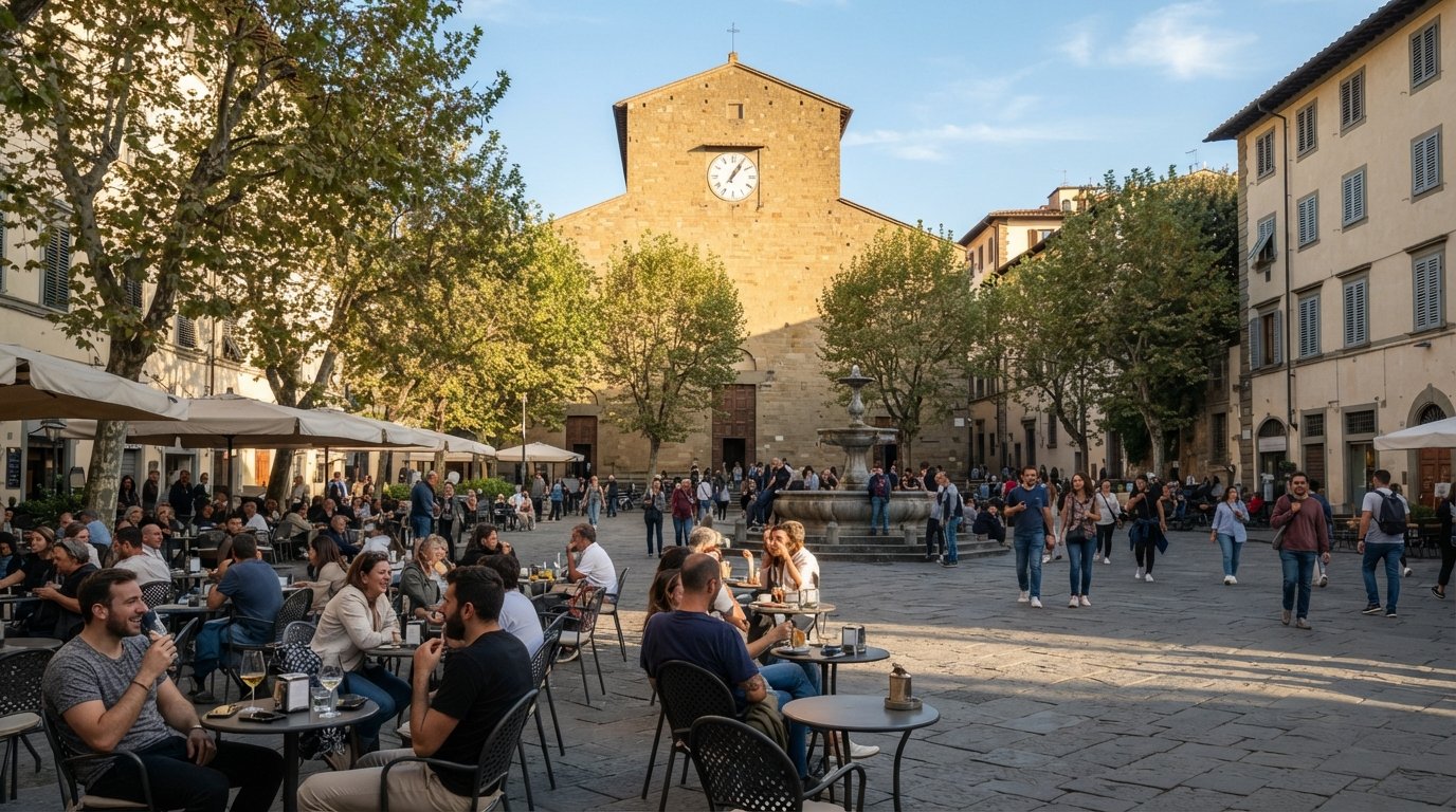 Piazza Santo Spirito in late afternoon light, the plain façade of Basilica di Santo Spirito facing plane trees, café tables and the scruffy central fountain