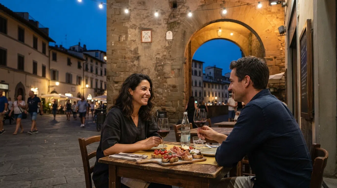 Ein Tisch im Freien unter dem mittelalterlichen Tor der Enoteca Fuori Porta, mit Crostoni, Weingläsern und Abendlicht auf dem Steinbogen