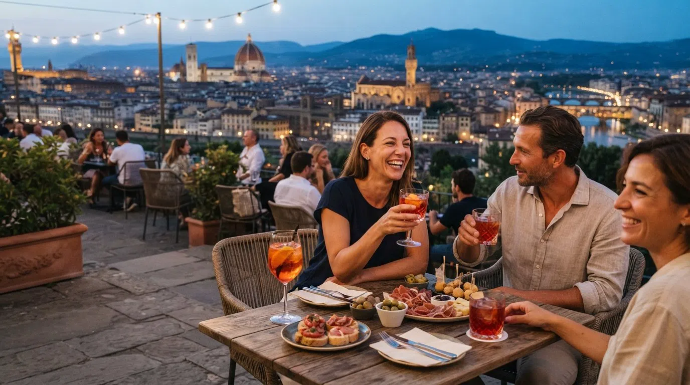 Cocktails und ein Buffet in der Flò Lounge Bar neben der Piazzale Michelangelo, mit Florenz, das in der blauen Stunde im Hintergrund ausgebreitet ist